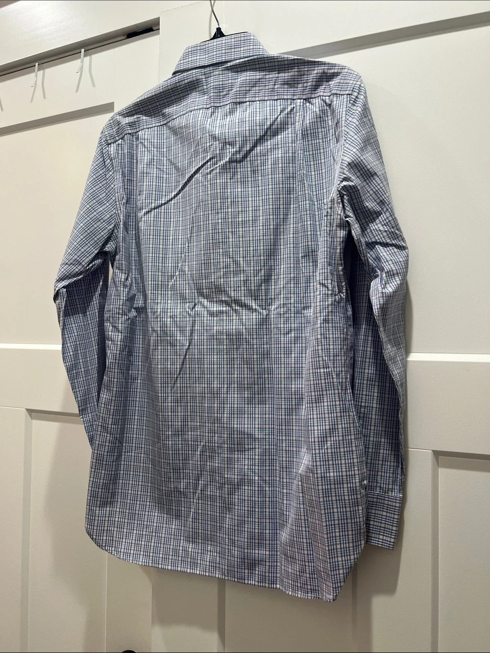 J. Crew Men's Blue and White Micro-Check Dress Shirt Size S